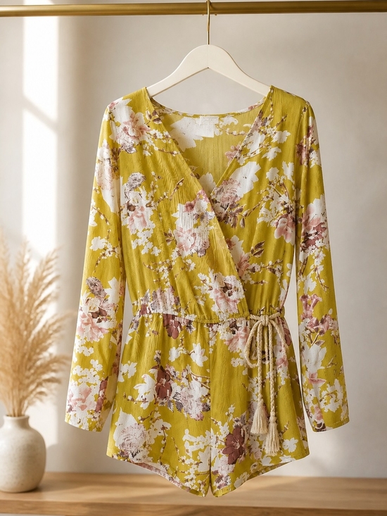 Umgee Pants - Umgee Yellow Floral Wrap Romper with Floral Accents
